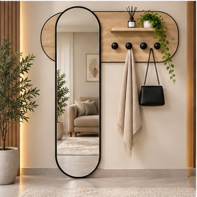 مرآة مدخل منزل تريو زجاج، 80×120×30 سم، لوح تعليق خشبي، خطافات تعليق معدنية - بيج product image 1