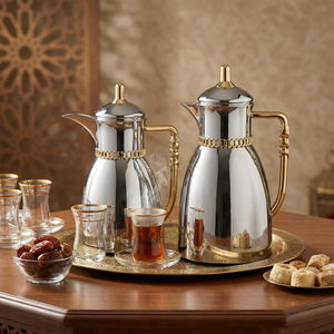 Al Saif Gallery Bayan Thermos Set, 0.7/1 Liter, 2 Pieces, Tempered Glass Inner Container, Gold-Silver Shiny Handle product image 2