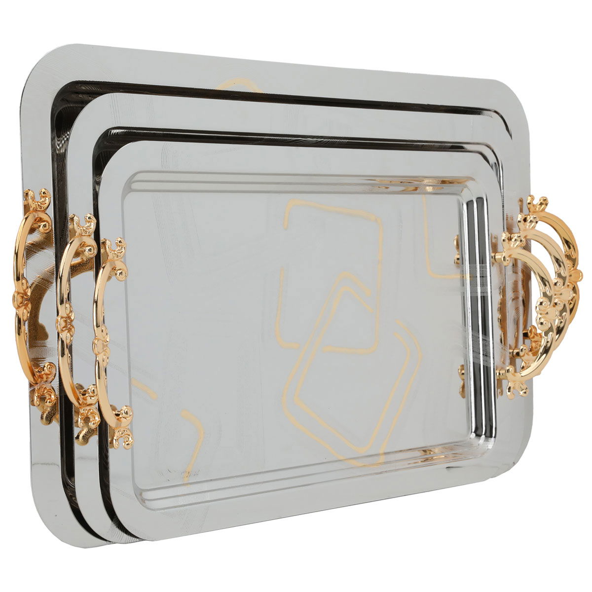 Al Saif Gallery steel tray set with a gold handle, 3 pieces, rectangular, square pattern - silver product image 2