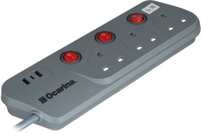 توصيلة كهرباء اوكارينا، 3 متر، 3 مخارج، 2 مخرج USB، مخرج TypeC، OCREX3W53U3G - رصاصي product image 1