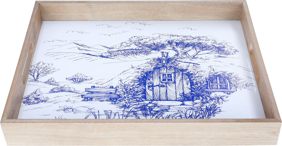 Saif Gallery wood serving tofir, 42 cm, rectangular, blue house pattern, hand - white product image