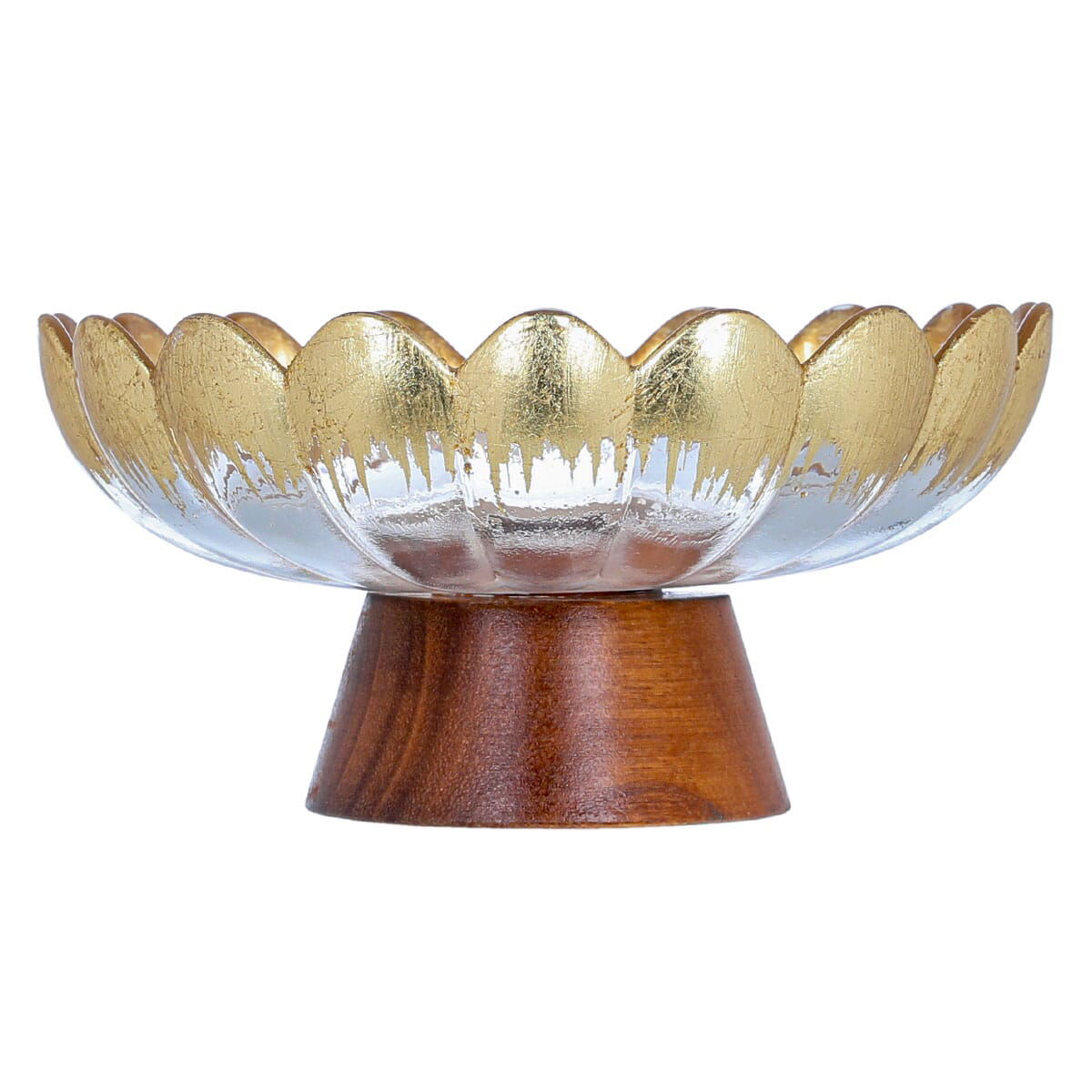 Al Saif Gallery glass dessert serving stand, 16 x 16 x 7.5 cm, with a wooden base - gold product image