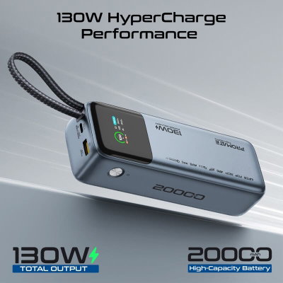 Promate Titan-130Pro Power Bank, 130W, 20000mAh, 3 Ports, Digital Display - Gray product image 2