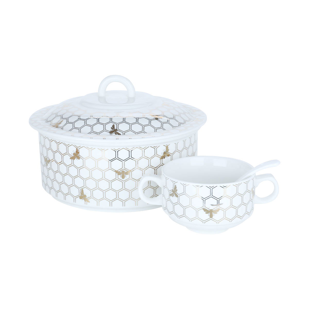 Al Saif Gallery Soup Heater Set With Porcelain Stand, 15 Pieces - Golden White product image 3
