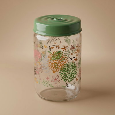علبة تخزين زجاج هيرفين، 0.66 لتر، نقش ورد - شفاف اخضر product image 1