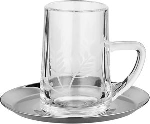 Al Saif Gallery Glass Cup and Tea Set, 18 Pieces, Stainless Steel Saucers, 12cm, Floral Pattern - Clear Silver product image 2