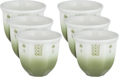 طقم فناجين قهوة عربي سعودي بورسلان السيف غاليري، 6 قطع، نقش تراثي - أخضر زيتي أبيض product image 1