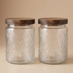 طقم برطمانات زجاج وهج الماسة، 750 مل، قطعتين، غطاء خشب مخطط - شفاف بني product image