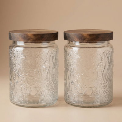 طقم برطمانات زجاج وهج الماسة، 750 مل، قطعتين، غطاء خشب مخطط - شفاف بني product image 1