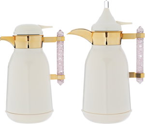 ShahdAl Saif Gallery Thermos Set, 1/1 Liter, 2 Pieces, Green Crystal Handle, Thermal Glass Inner Case - Pearl product image 2