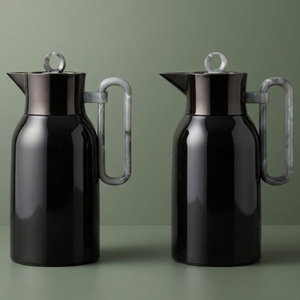 Al Saif Gallery Al Durra Thermos Set, 1/1 Liter, 2 Pieces, Glass Inner Container, Push Button, Marble Gray Handle - Glossy Black product image