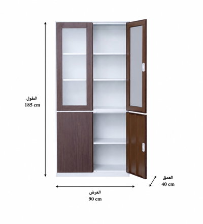 OW-019 MDF wood storage and organization unit, 185×90×40 cm, 2 glass top doors, 2 wood bottom doors, internal shelves, key lock - White wood product image 3
