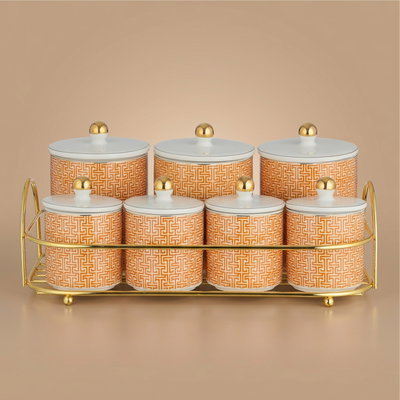 One More Stainless Steel Porcelain Spice Jar Set With Stand, 7 Pieces, Orange Pattern -White Gold product image 1