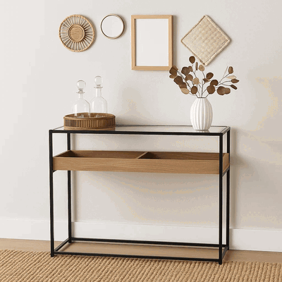 Metal glass reception entrance, wooden shelf, 120×79×39 cm - Wooden product image 1