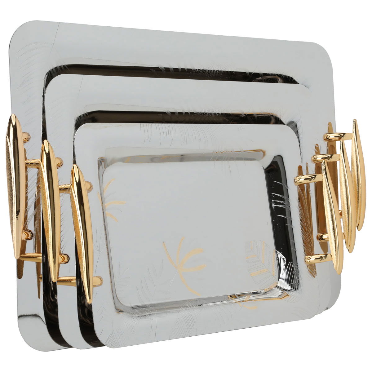 Al Saif Gallery steel tray set with a gold handle, 3 pieces, rectangular, engraved - silver product image 2
