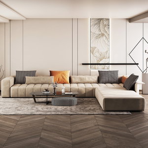 Modern L-shaped Swedish wood sofa, 340 x 230 cm, velvet fabric - beige product image 2