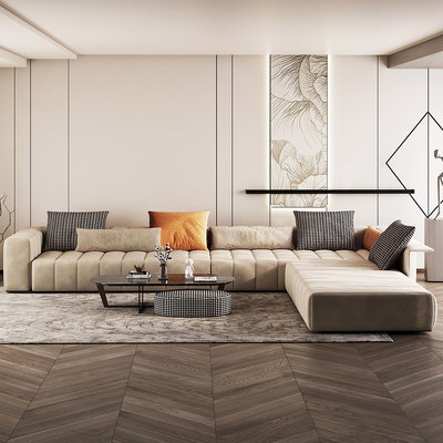 Modern L-shaped Swedish wood sofa, 340 x 230 cm, velvet fabric - beige product image 2