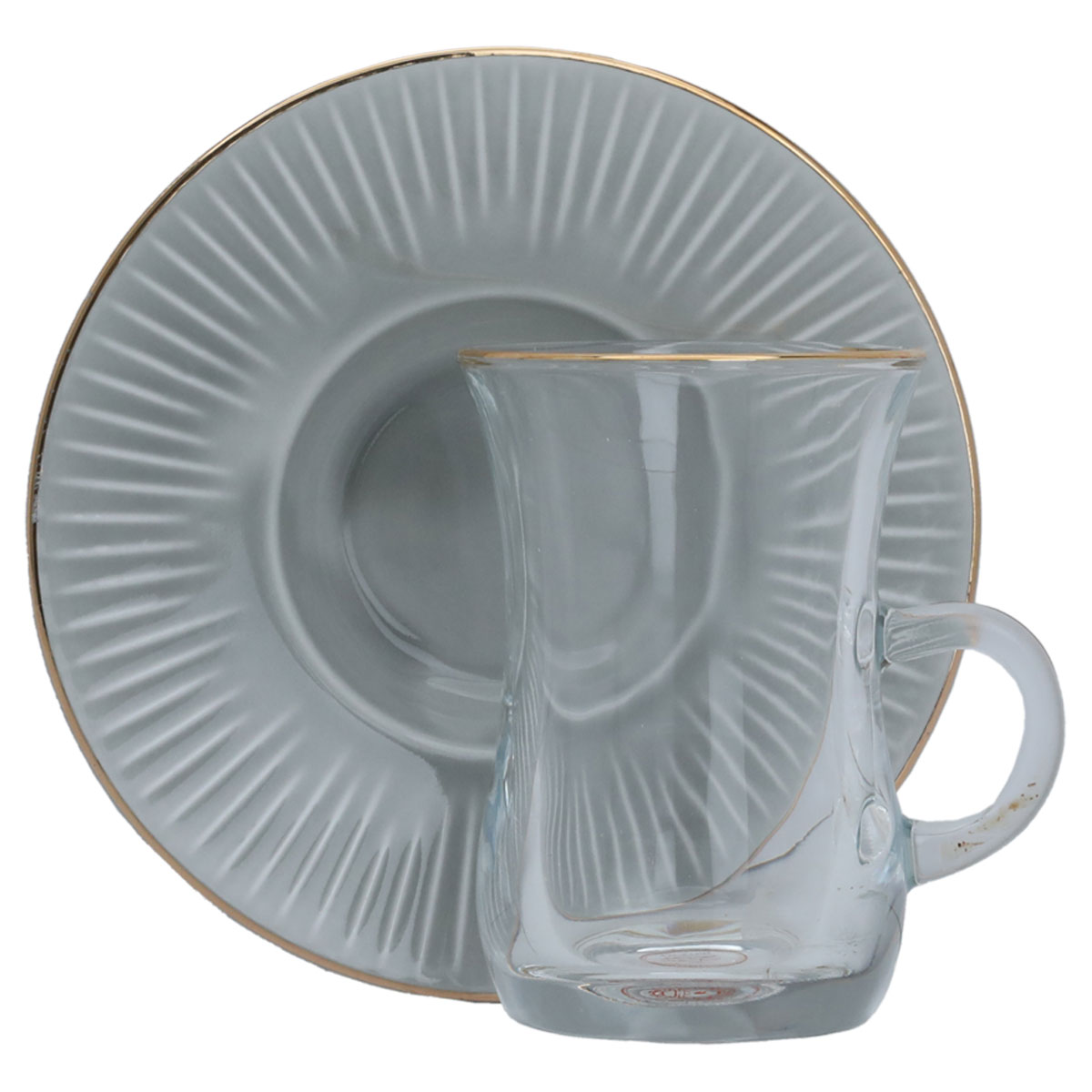طقم بيالات زجاج مع صحن بورسلان السيف غاليري، 12 قطعة، 200 مل - رمادي / شفاف product image