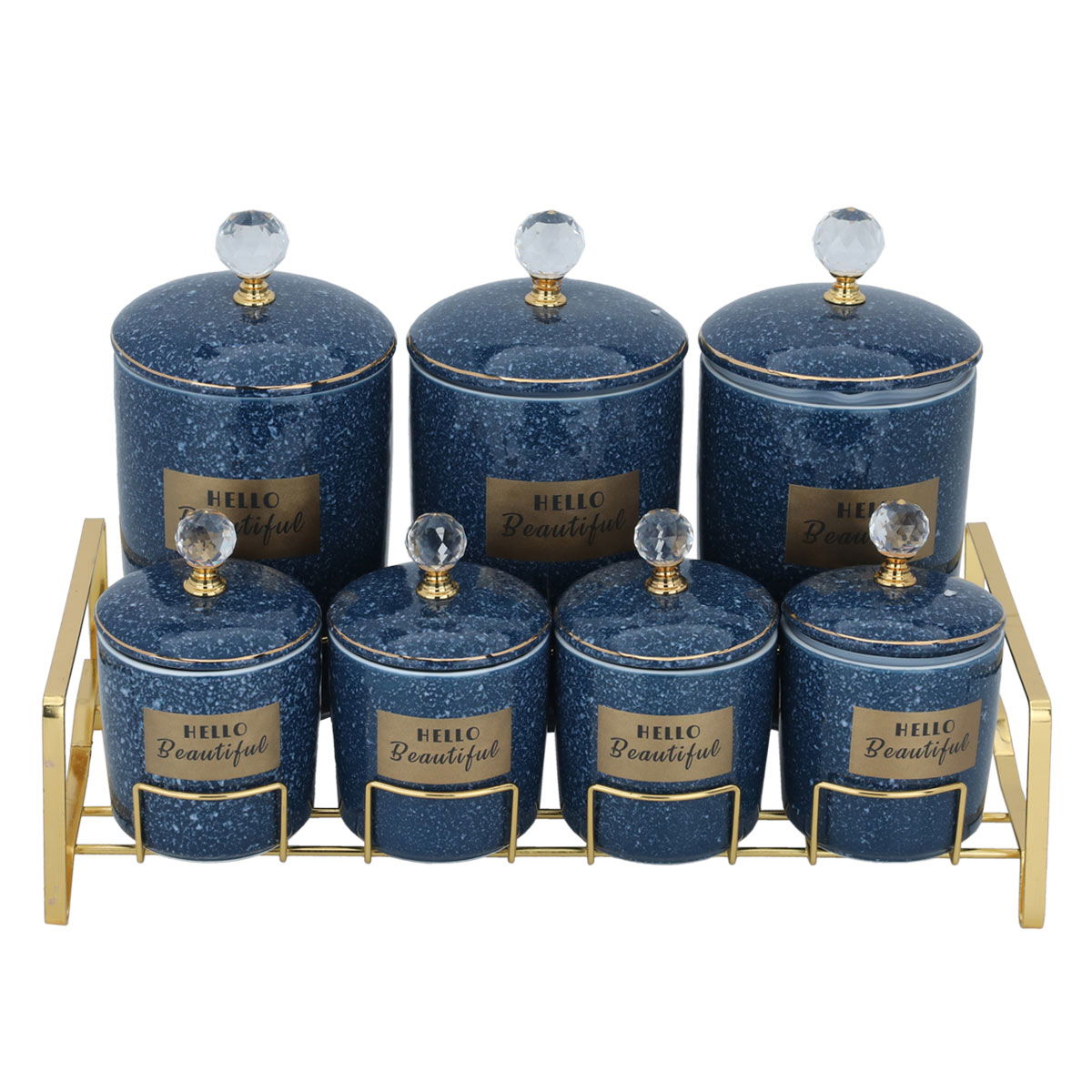 Al Saif Gallery porcelain spice boxes set, with golden stand, 7 pieces - blue product image