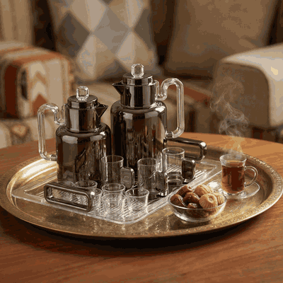 طقم ترامس رونق السيف غاليري، 1/1.5 لتر، 21 قطعة، بيالات مع صحون، فناجين قهوة، طوفرية، يد شفاف - اسود product image 2