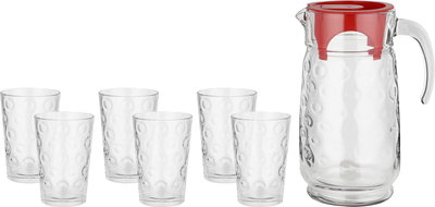 Glass jug set with glass cups, 1.7 liters, 7 pieces, red lid - transparent product image 1