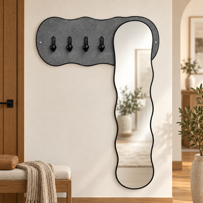 مرآة مدخل منزل زجاج، 80×120×30 سم، لوح تعليق خشبي، خطافات تعليق معدنية - رمادي product image 1