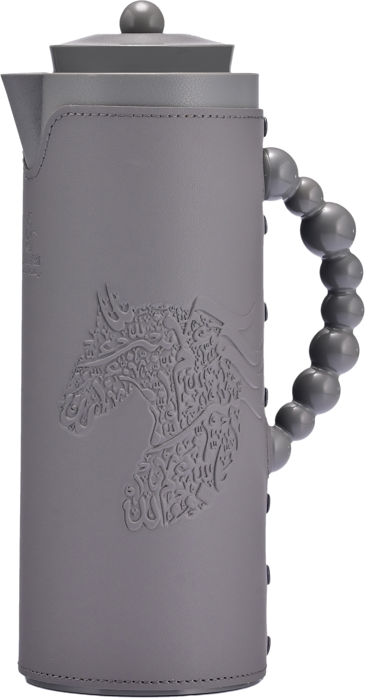 Al Saif Gallery Royal 7T thermos, 1 liter, leather covered, horse pattern, glass inner case, plastic outer case - dark gray product image