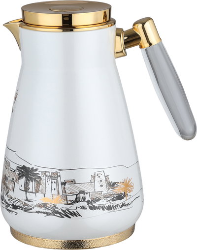 AsalAl Saif Gallery Thermos Set, 0.75/1 Liter, 2 Pieces, Glass Inner Container, Stainless Steel Outer Body, Push Button, Transparent Handle - Pearl White Gold product image 3