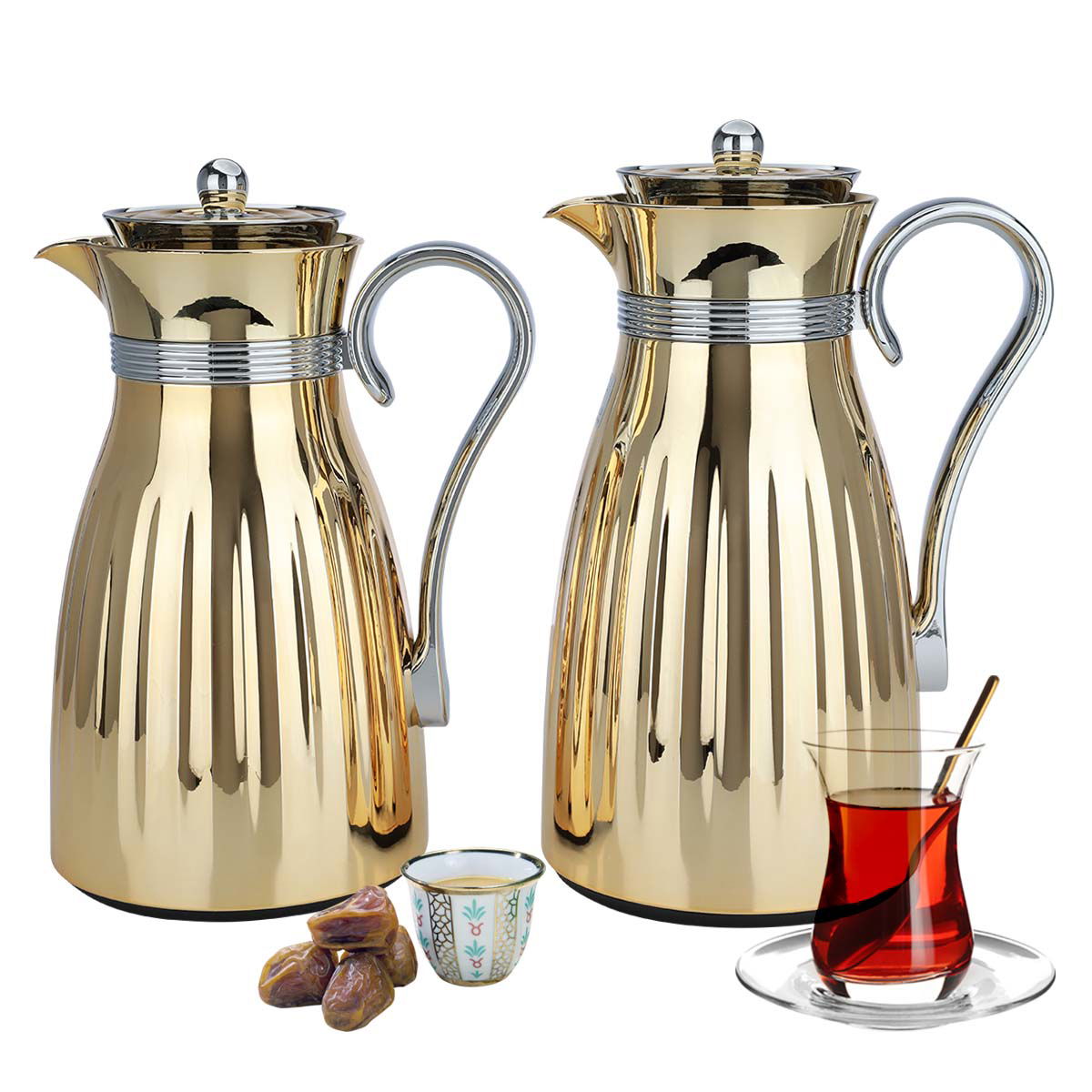 Al Saif Gallery Danat thermos set, 1/0.7 liter, thermal glass inner shell, plastic outer shell - gold product image 1
