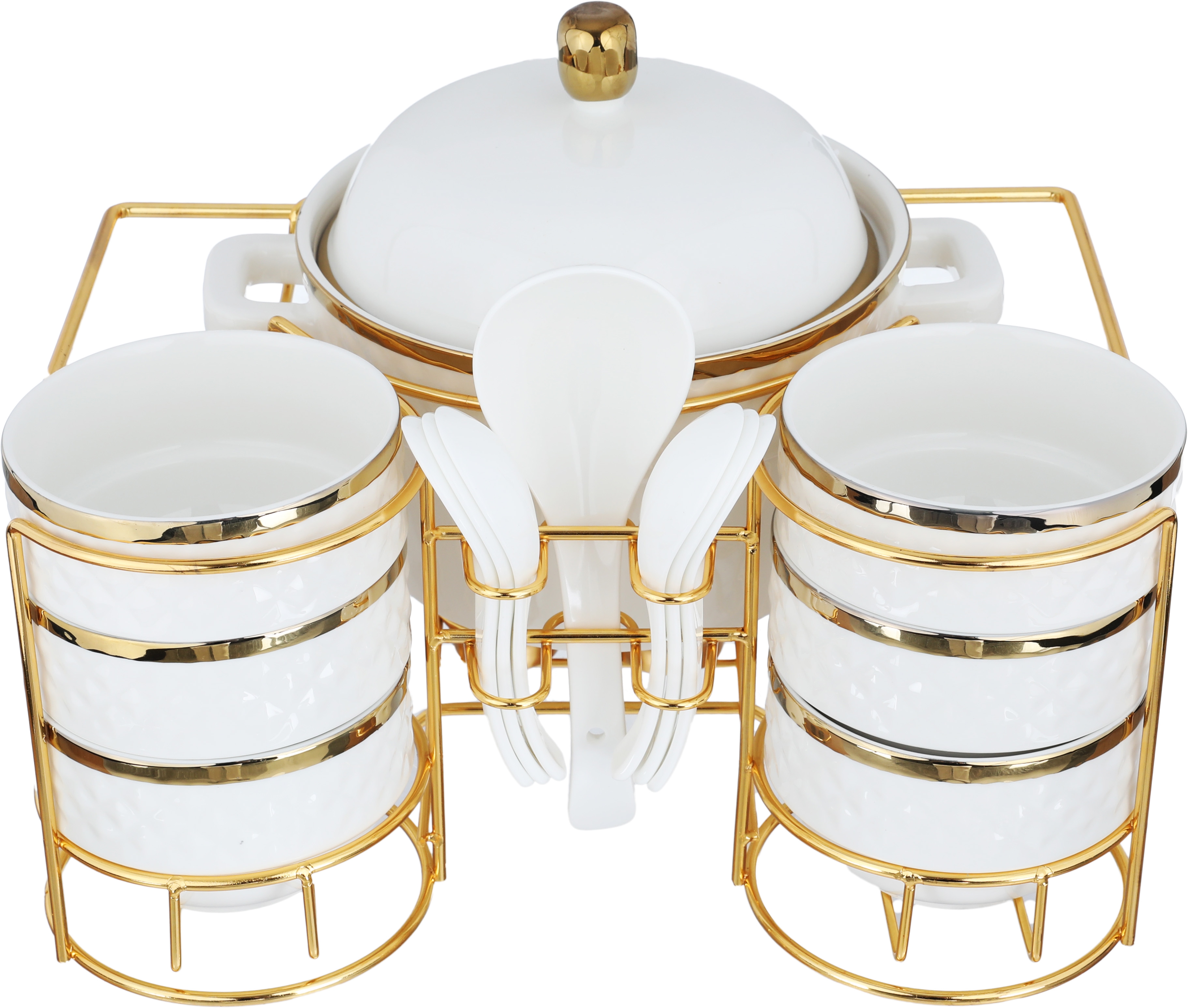 One More Porcelain Soup Set with Stand, 16 Pieces - White Gold product image