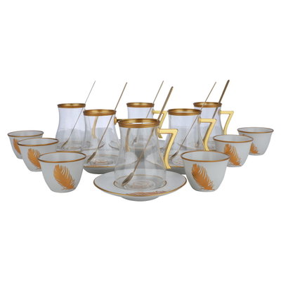 طقم بيالات زجاج مع فناجين بورسلان، السيف غاليري، أبيض وذهبي، 24 قطعة - شفاف product image 1