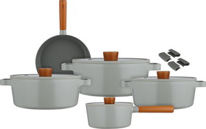 طقم قدور ستانلس استيل نيوفلام فيكا، 9 قطع، غطاء زجاج، مسكات يد إضافية - رمادي خشبي product image