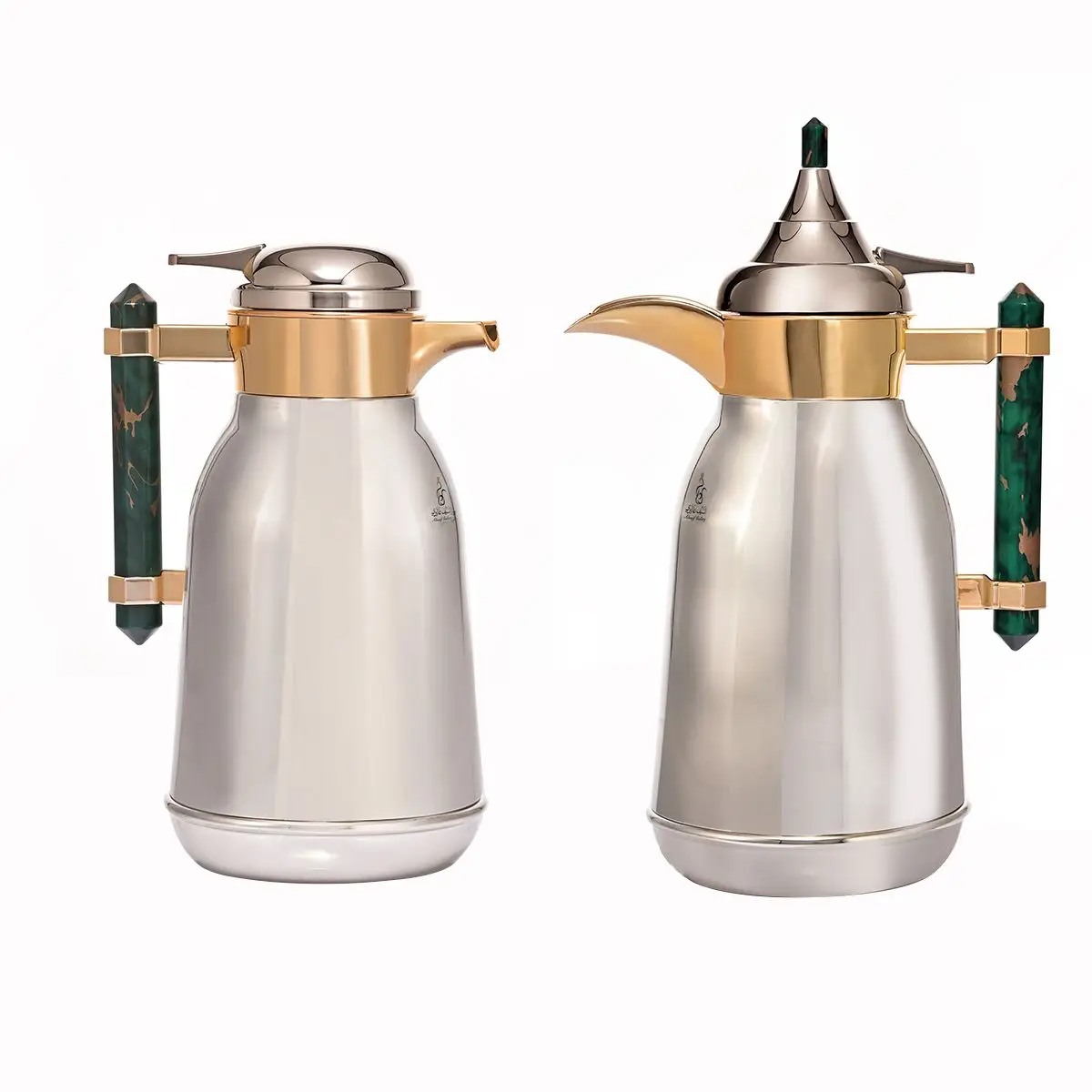 Al Saif Gallery Shahd stainless steel thermos set, 1 liter, green marble handle, two pieces - silver product image 1