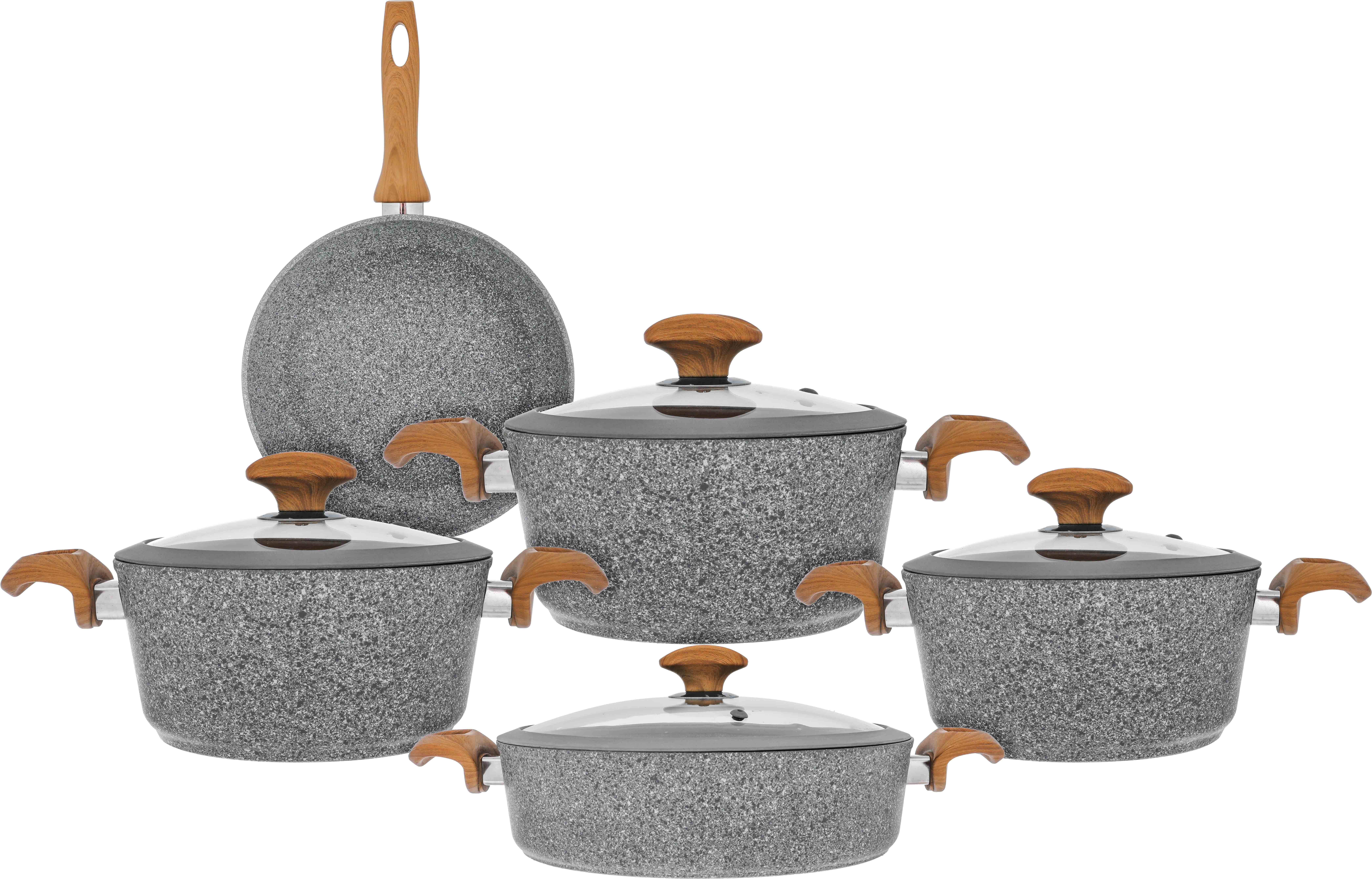 Granite cookware set with silicone fall glass lid, 9 pieces, light wooden handle, Turkish - light gray product image