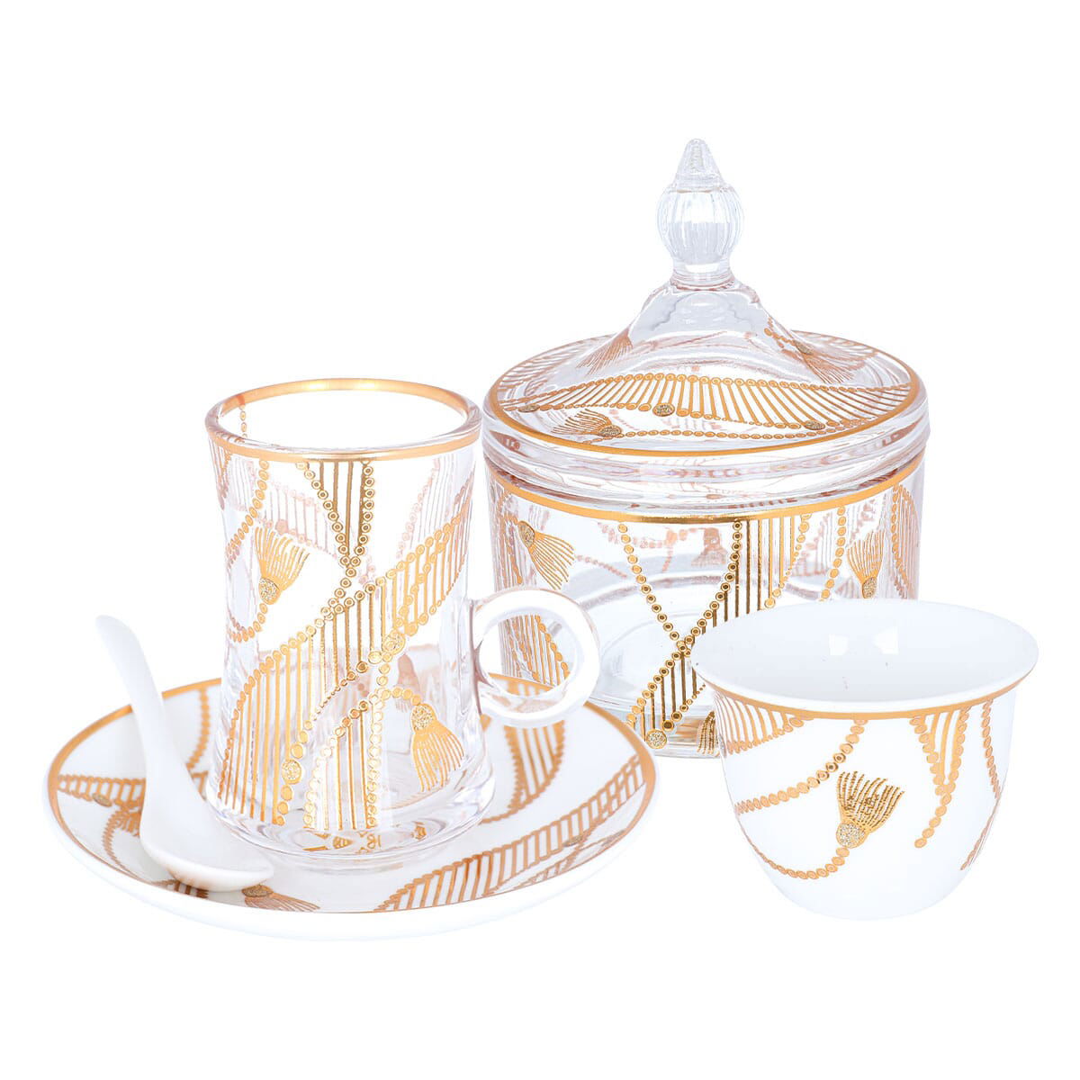 Alsaif Gallery Bialat and coffee cups and saucers serving set, 26 pieces, golden pattern - white product image