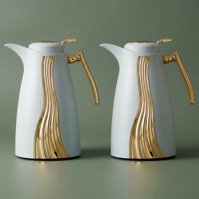 Al Saif Gallery Karma thermos set, 1 liter, golden handle, glass inner container, plastic outer shell - white and golden product image 1