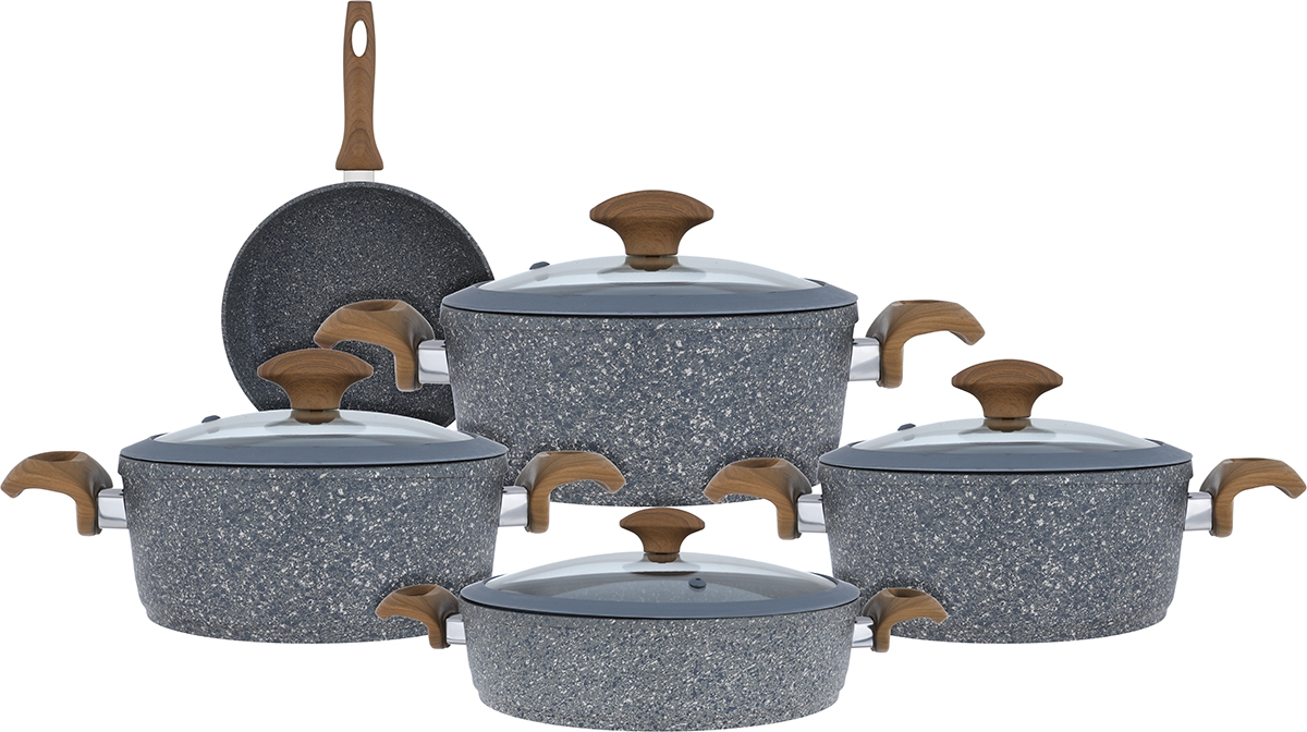 طقم قدور جرانيت بغطاء زجاج وسيليكون فالز، 9 قطع، يد خشب، تركي - رمادي غامق product image