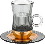 Amber Stainless Steel Glass Tea Cups and Saucers Set, 12 Pieces, 120 ml, Gold-Grey Gold Base 120 ml, Gold-Grey Gold Base product image 2