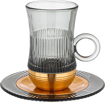 Amber Stainless Steel Glass Tea Cups and Saucers Set, 12 Pieces, 120 ml, Gold-Grey Gold Base 120 ml, Gold-Grey Gold Base product image 2