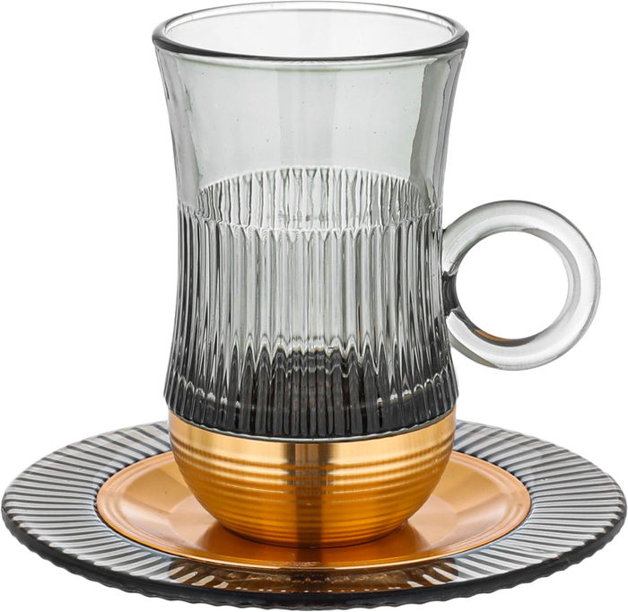 Amber Stainless Steel Glass Tea Cups and Saucers Set, 12 Pieces, 120 ml, Gold-Grey Gold Base 120 ml, Gold-Grey Gold Base product image 2