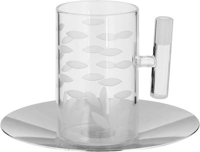 Al Saif Gallery Glass Cups and Saucers Set, 18 Pieces, with Stainless Steel Saucers - Clear Silver product image 2