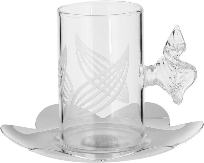 Al Saif Gallery Glass Cups and Saucers Set, 18 Pieces, with Stainless Steel Saucers - Clear Silver product image 2