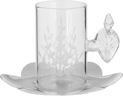 Al Saif Gallery Glass Cups and Saucers Set, 18 Pieces, with Stainless Steel Saucers - Clear Silver product image 2