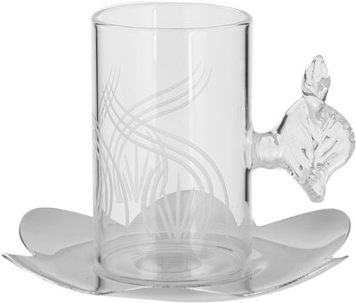 Al Saif Gallery Glass Cups and Saucers Set, 18 Pieces, with Stainless Steel Saucers - Clear Silver product image 3