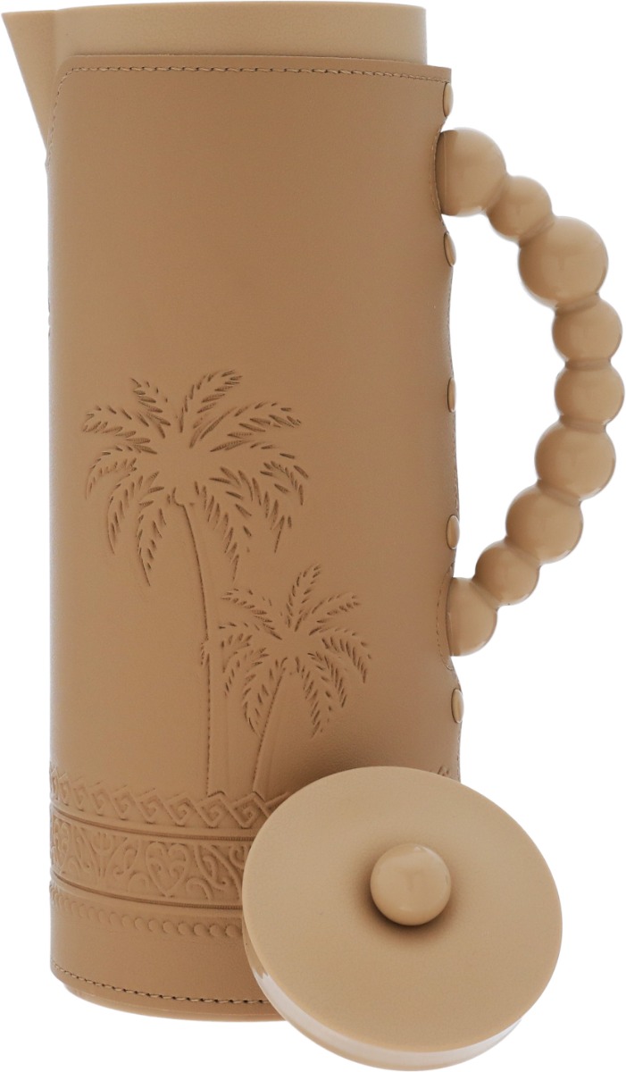 Al Saif Gallery Royal 7T thermos, 1 liter, leather covered, palm tree pattern, glass inner case, plastic outer body - light brown product image 4