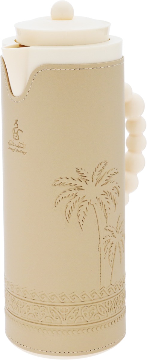Al Saif Gallery Royal 7T thermos, 1 liter, leather covered, palm tree pattern, glass inner case, plastic outer shell - beige product image 4
