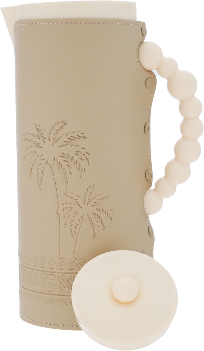 Al Saif Gallery Royal 7T thermos, 1 liter, leather covered, palm tree pattern, glass inner case, plastic outer shell - beige product image 3
