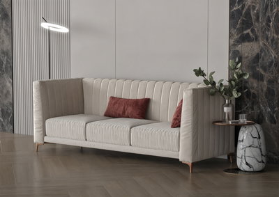 Modern Swedish wood sofa, 210x82x46 cm, chenille velvet fabric - light beige product image 3