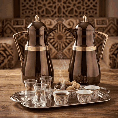 Al Saif Gallery Najd Thermos Set, 1/1 Liter, Inner Glass Container, Stainless Steel Outer Body - Gold Brown product image 2