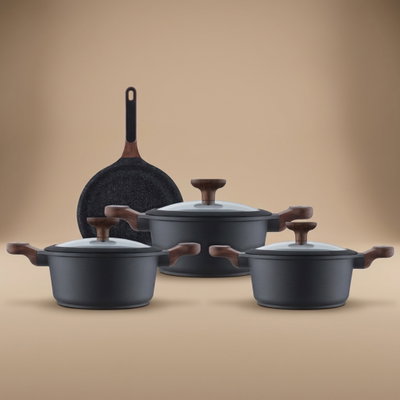 طقم قدور جرانيت بغطاء زجاج روبوست، يد خشب، 7 قطع - اسود product image 1